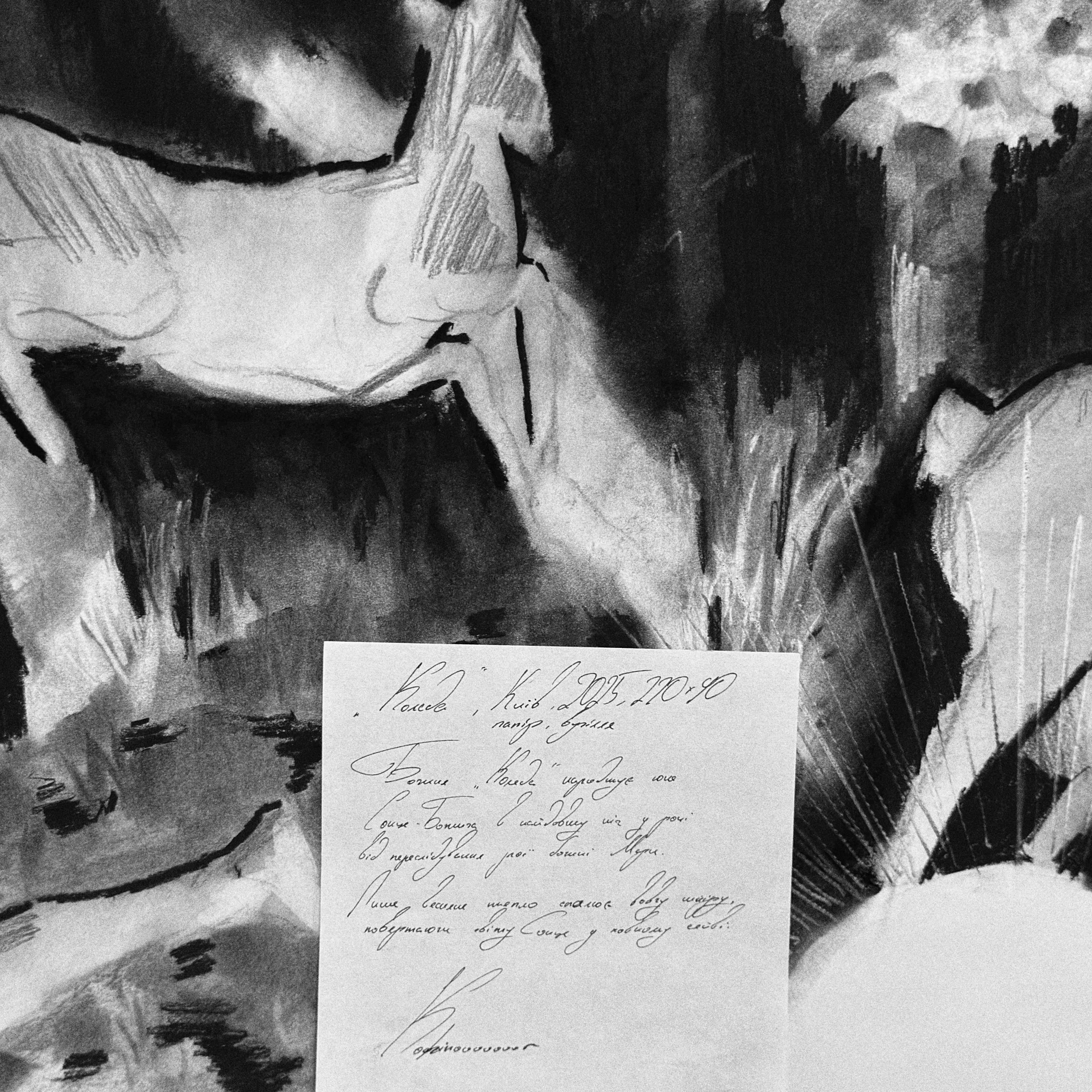 Image of Koliada by kohinooooooooooooor, size: 220 x 90 см | 86.6 x 35.4 in, made of Charcoal on paper, Graphics medium, from Kyiv, part of the Sun series, priced at €500 Photo 2 of 3.