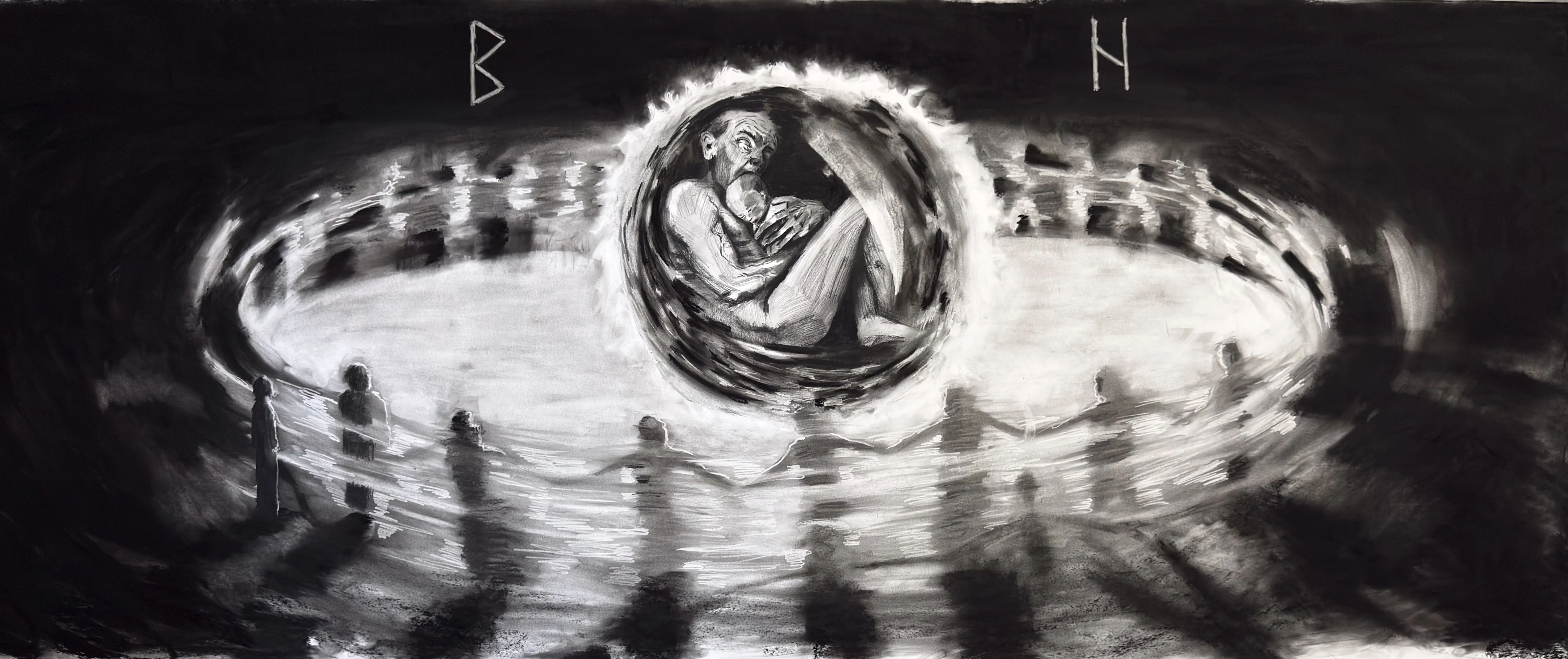 Image of Solon by kohinooooooooooooor, size: 220 x 90 см | 86.6 x 35.4 in, made of Charcoal on paper, Graphics medium, from Kyiv, part of the Sun series, priced at €500 Photo 1 of 3.