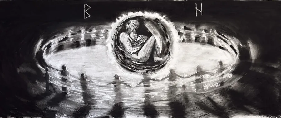 Image of Solon by kohinooooooooooooor, size: 220 x 90 см | 86.6 x 35.4 in, made of Charcoal on paper, Graphics medium, from Kyiv, part of the Sun series, priced at €500