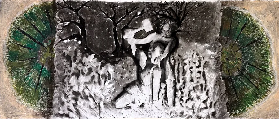 Image of Dedalus.Icarus.Svarga by kohinooooooooooooor, size: 220 x 90 см | 86.6 x 35.4 in, made of Charcoal on paper, Graphics medium, from Kyiv, part of the Sun series, priced at €500